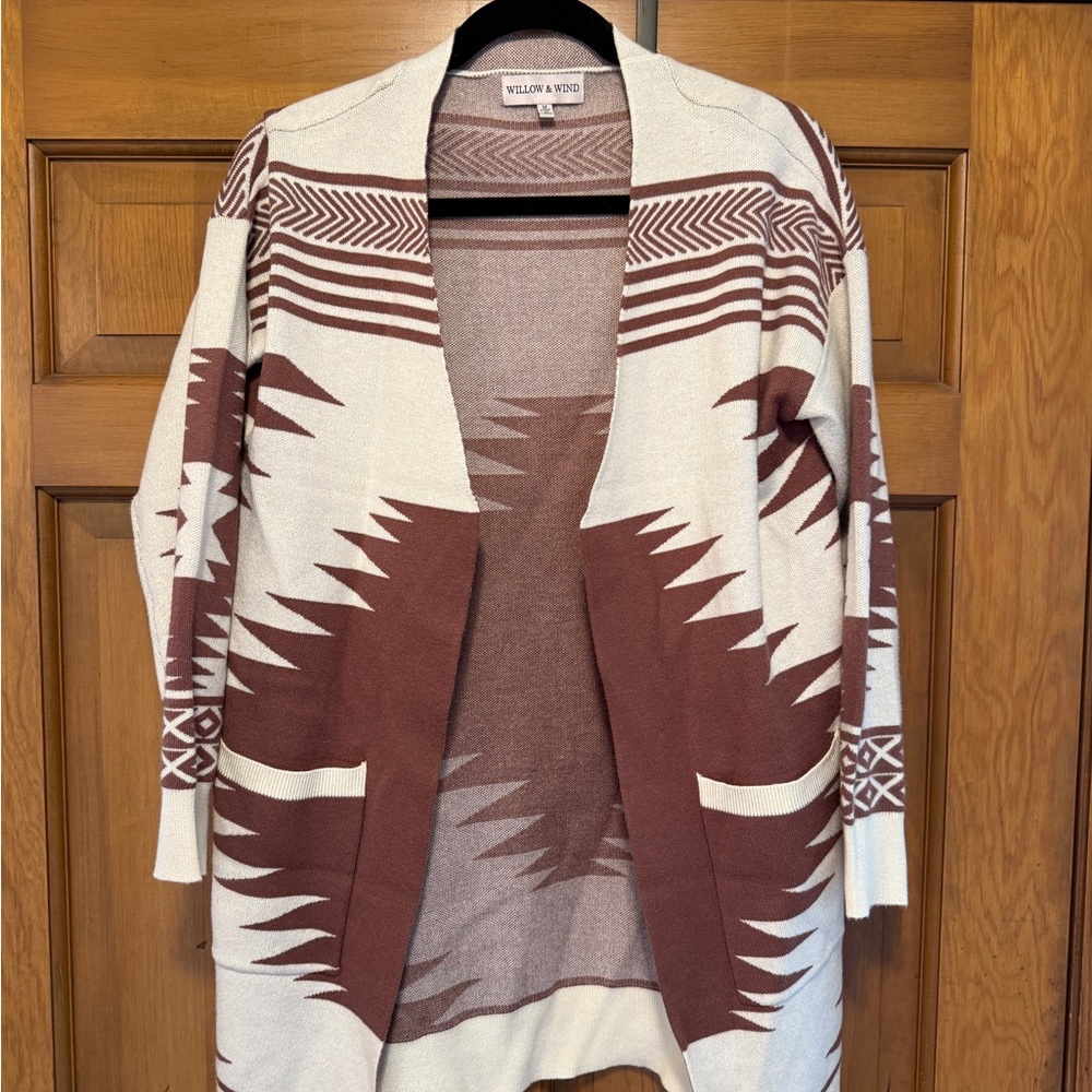 Cream and Brown Geometric Cardigan Sweater